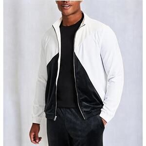Men INC International Concepts Velour Jogging Track Jacket Black & White MEDIUM